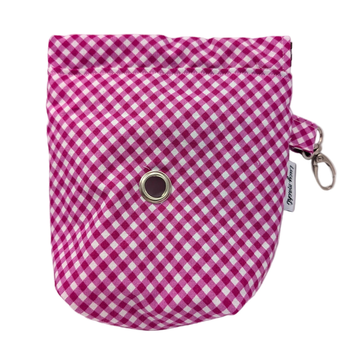 A small fabric pouch with a pink and white gingham check pattern, featuring a silver metal grommet closure and a small wrist strap with a keyring.